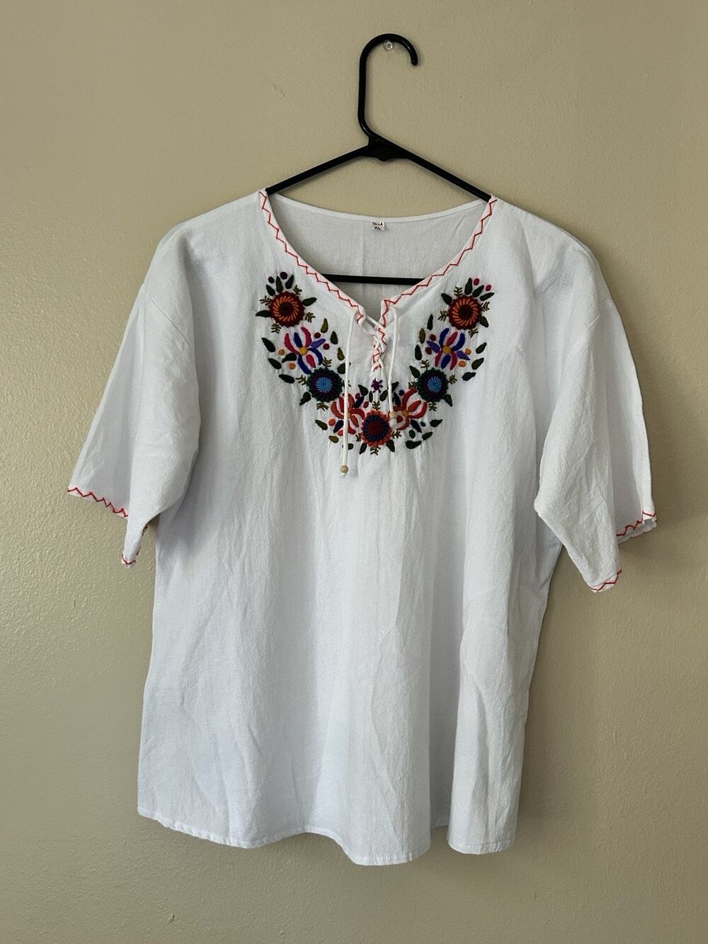 Mexican XL Top Boho Floral Embroidered Peasant Gauze Cottagecore